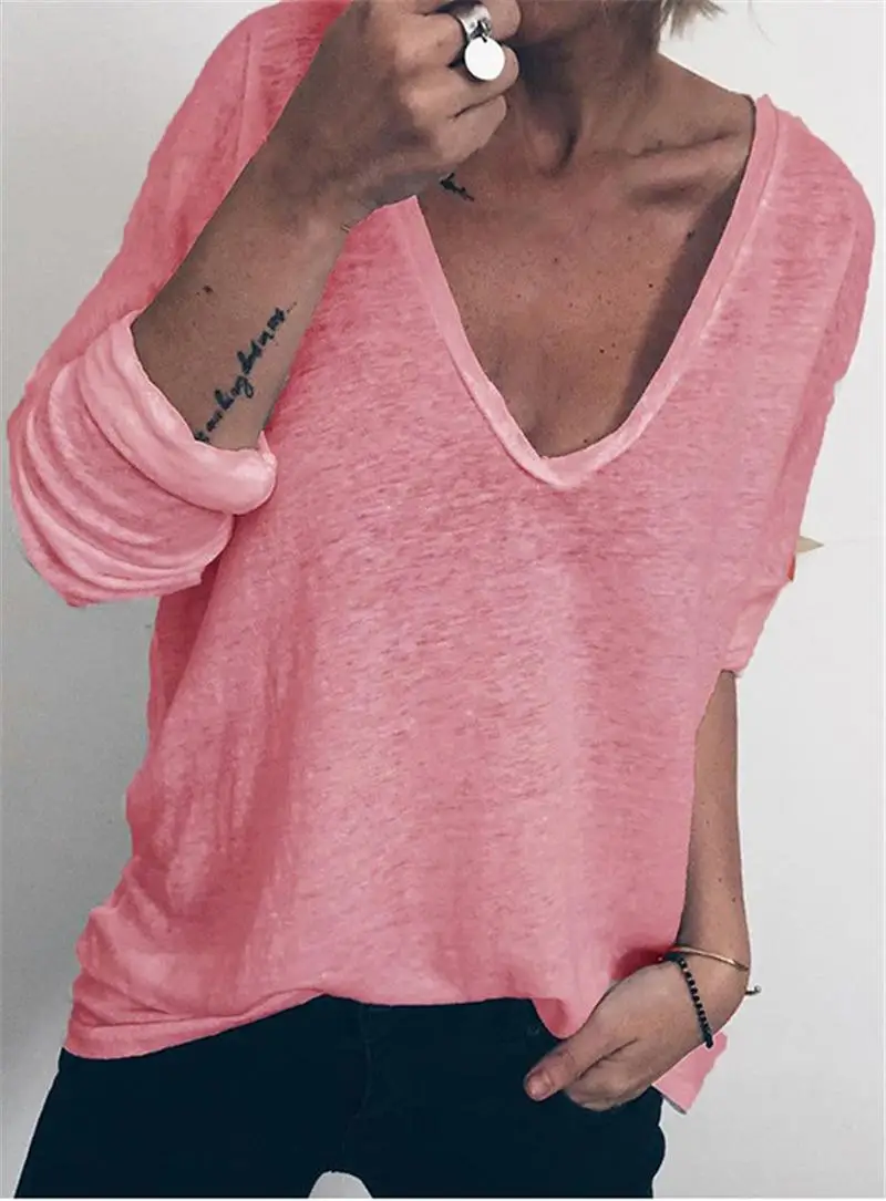 

Autumn Womens Designer Tshirt Loose Solid Color Prined Sexy V Neck Long Sleeve Tops Female Clothing