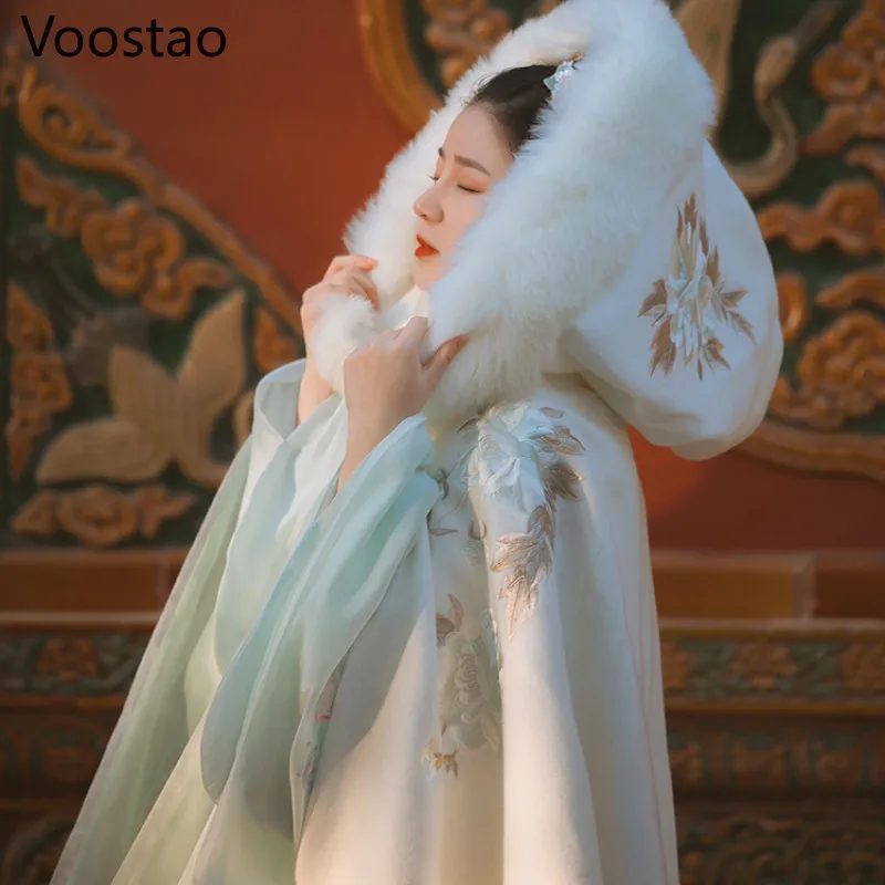 Осенне зимняя женская накидка Hanfu в китайском стиле с капюшоном и цветочной