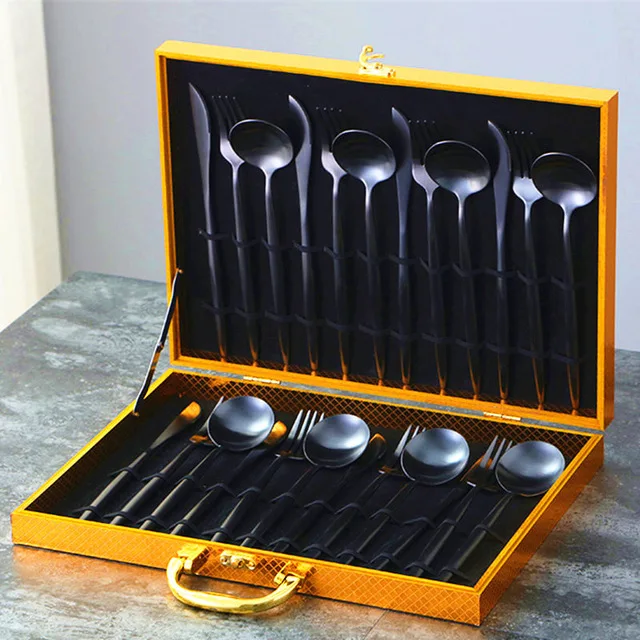 24pcs with giftbox Черный золотой набор столовых приборов 24 столовых приборов набор 18/10 из нержавеющей стали столовая вилка и нож белый золотой набор столовых приборов розовый с деревянной подарочной коробкой - Цвет: 24pcs with giftbox