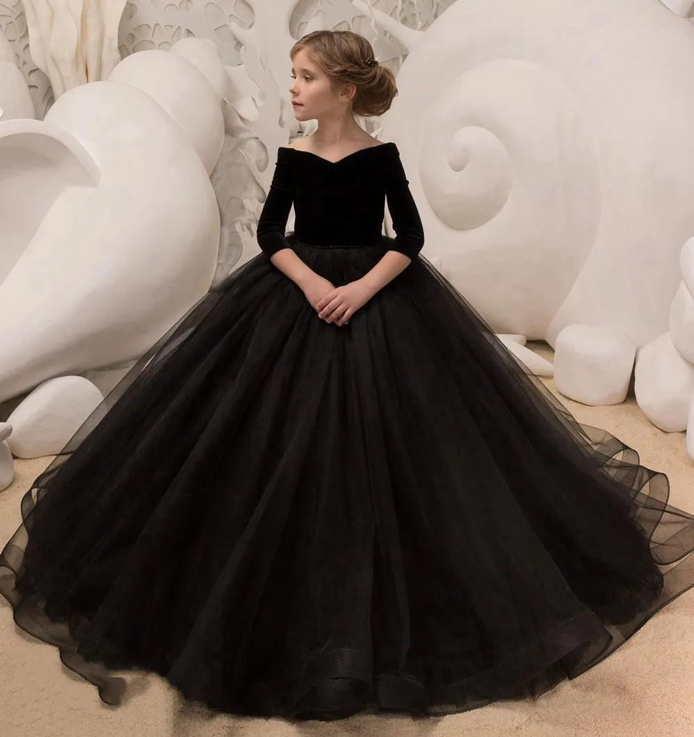 

Black Princess Ball Gown Kids Pageant Dress with Elegant Half Sleeves for Girls Aged 5 -14 Years robe de soirÃ©e de mariage