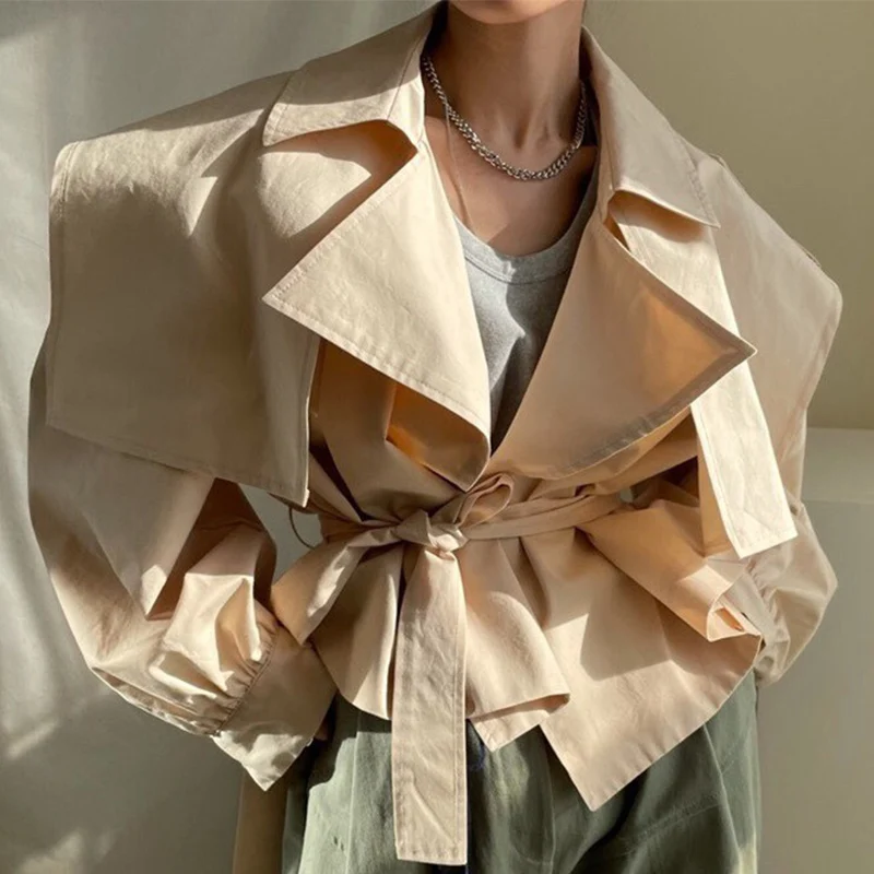 

Getspring Women Trench Coat Bandage Puff Sleeve Short Trench Coat Femme All Match Vintage Casual Spring/autumn Coat Jacket 2021