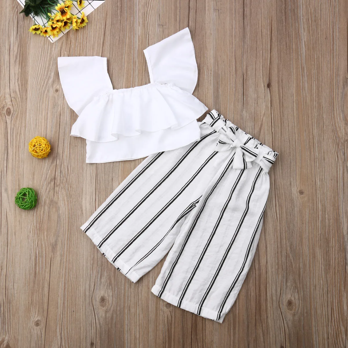 

2-7T Summer Set Children Clothes Fashion Toddler Baby Girls Vest Ruffles Top Stripe Pants Kids Clothes Set 2PCS Outfits