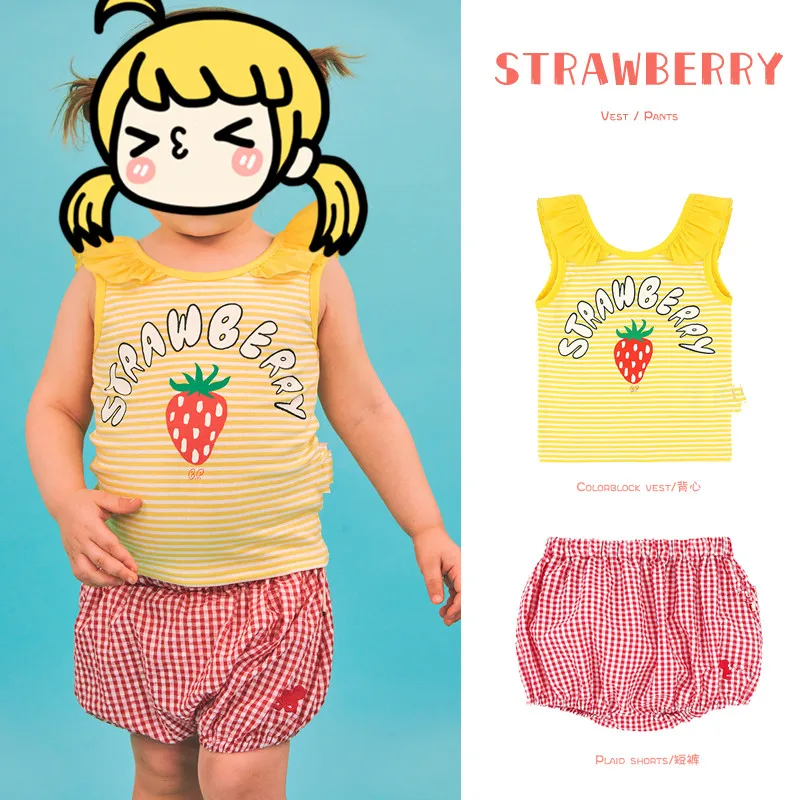 

Summer 2020 new bebe children's suit two-piece set cotton fruit lace Korean shirt pants