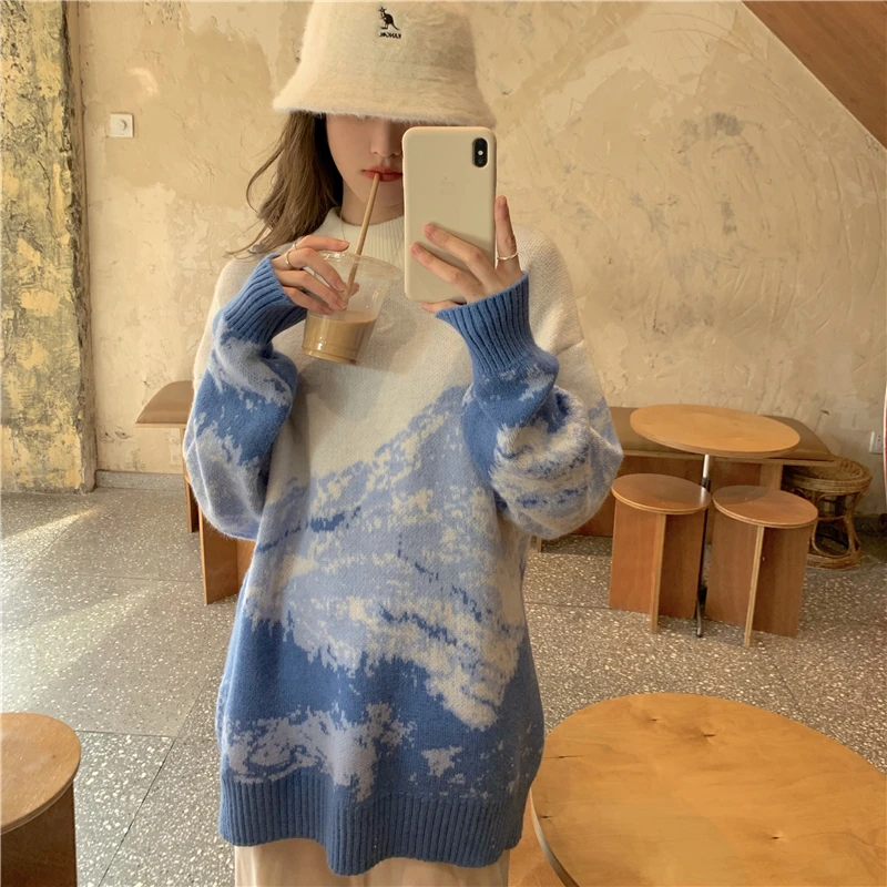 

2021 New Chic Contrast Color Snow Mountain Print Loose Sweater Pullovers Women Casual O Neck Long Sleeve Autumn Winter Thick Swe