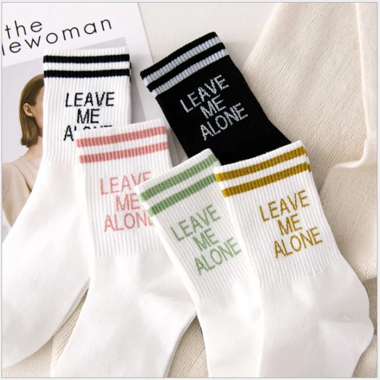 Women Socks Middle Tube with Letters Leave Me Alone Simple Casual Stripes Spring and Summer Fashion | Женская одежда