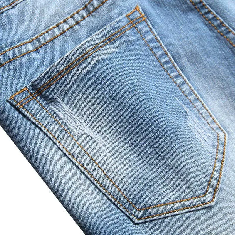 

Ripped Mens Jeans Light Blue Long Slim Pencil Pants Embroidery Letters Causal Trousers Broken Hole Denim Jeans For Men