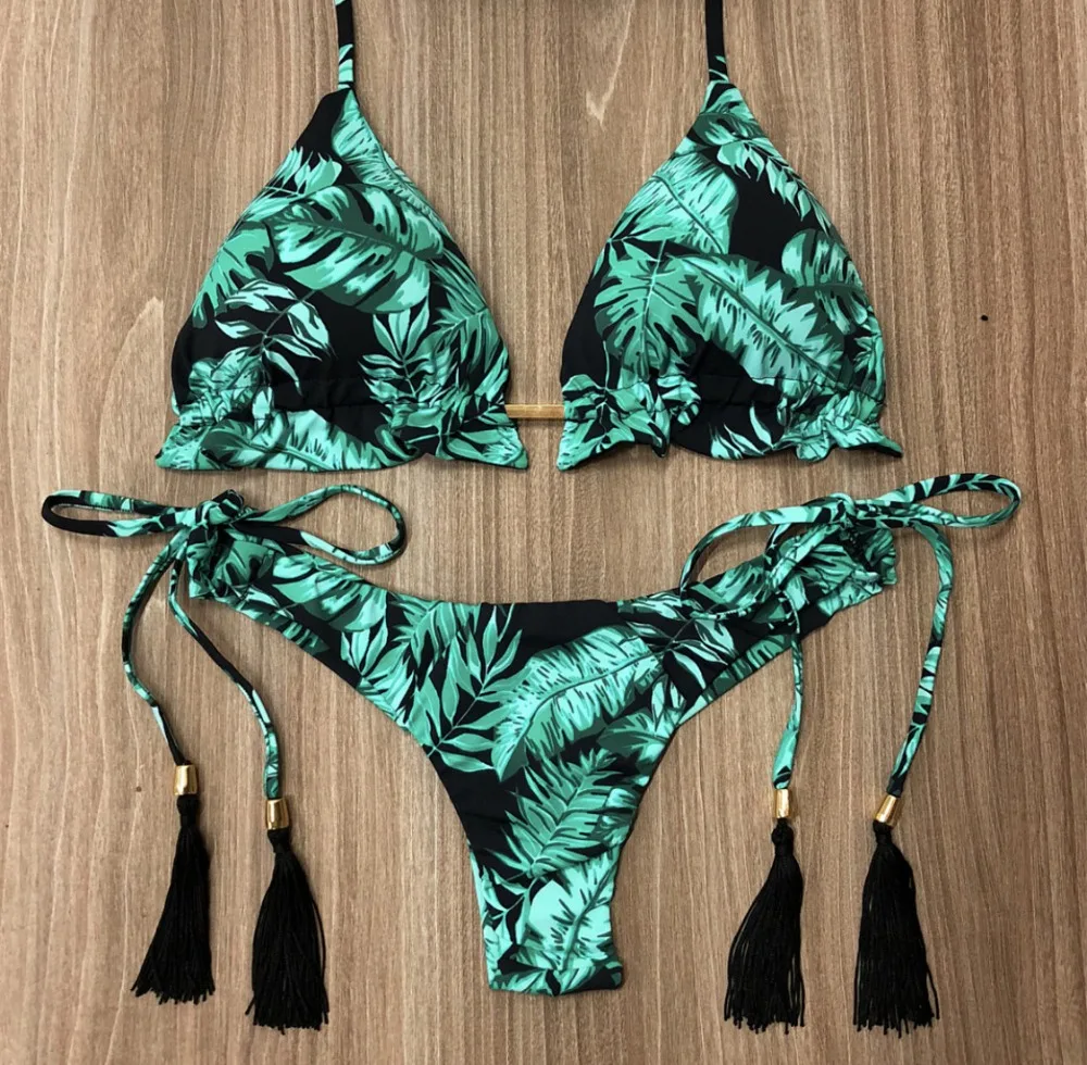 2022 Leaves print bathing suit Brazilian bikini thong  Leaves print bathing suit Tassel swimwear women Sexy swimsuit female