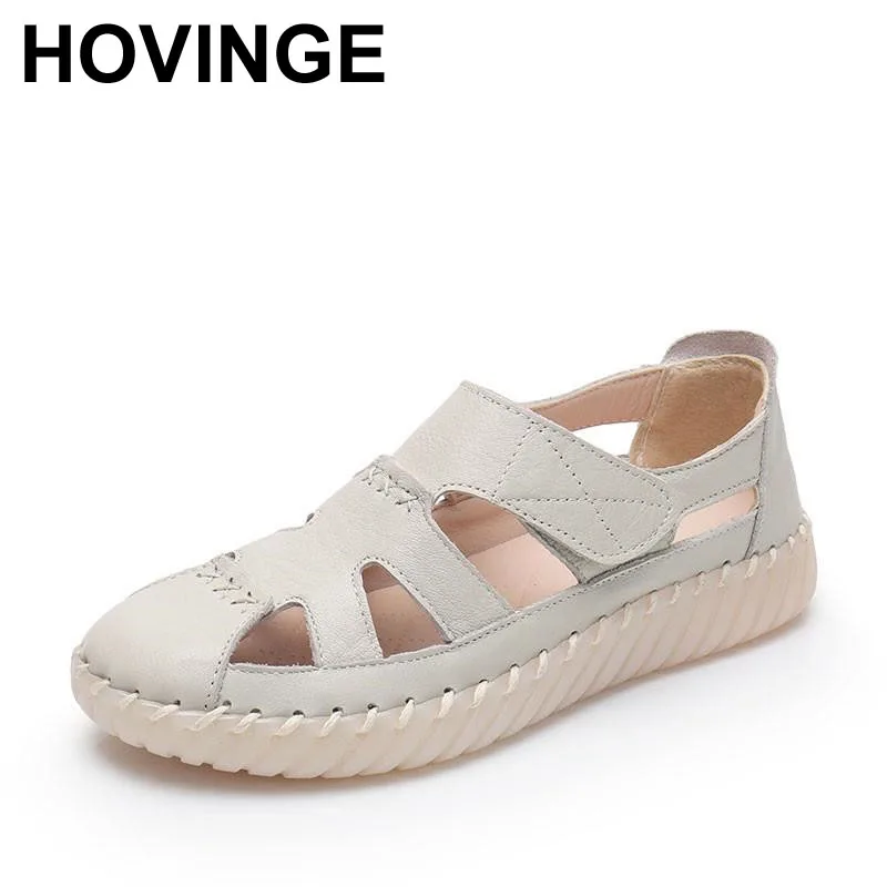 

HOVINGE Sandals Women Summer Genuine Leather Soft Sole Flat Middle Old People Anti-skid Ladie Summer Sandal Black Shoes