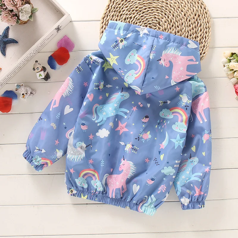 Spring Summer Kids Girls Windbreaker Unicorn Jackets Cartoon Hooded Blue Color for Child Outerwear 2-8years Old | Детская одежда и