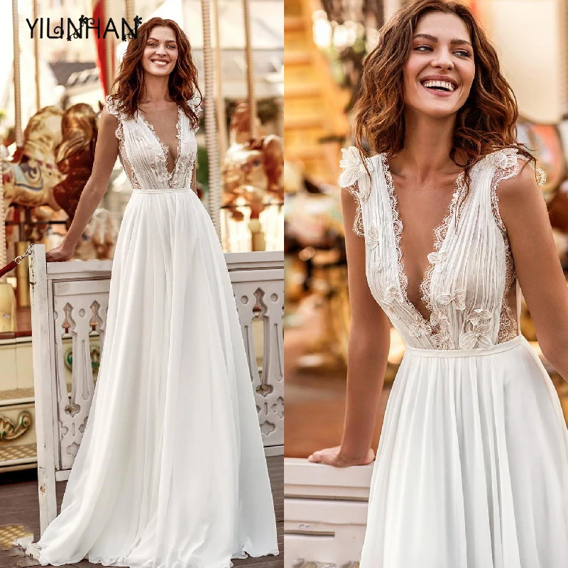 

YILINHAN 2021 Simple White Wedding Dress Boho Ever Pretty Elegant A-Line V-Neck Chiffon Long Sleeve Robe Sexy Bridal Gown Bride