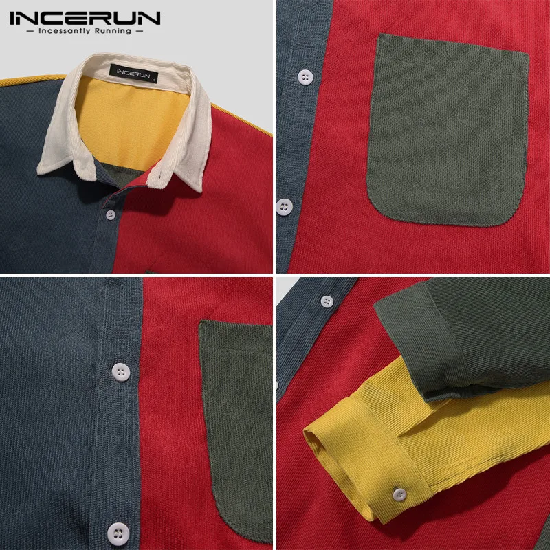 

INCERUN Men Patchwork Shirts Long Sleeve Lapel Corduroy Blouse Man Buttons Color Stitching Tops Casual Pockets Shirts Streetwear