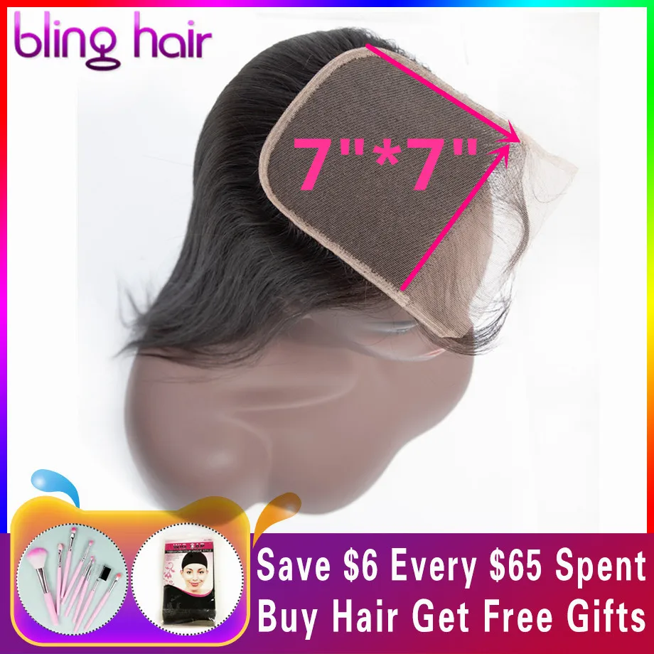 Bling Hair 7x7 закрытие шнурка Remy бразильские прямые человеческие волосы Закрытие с волосами младенца бесплатно/средний/три части натурального цвета