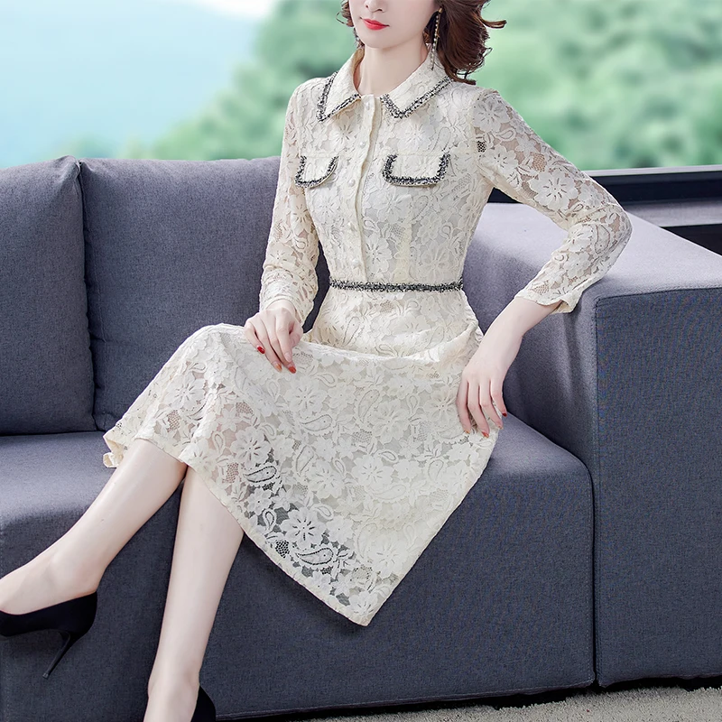 

2020 New Spring Autumn Women Dress High Quality Runway Floral Apricot Lace Dress Elegant Slim Ladies Party Dress
