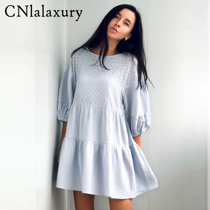 

Женское ажурное платье-трапеция с рукавами-фонариками, однотонное Повседневное платье с вышивкой, модное вечернее вечерние-платье, лето 2022