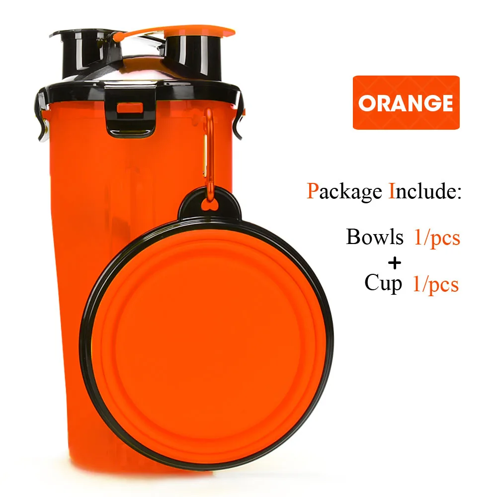 orange wIth 1 bowl Портативная 2 в 1 ПЭТ бутылка для воды контейнер для еды со складной силиконовой миской для домашних животных уличная дорожная кормушка для кошек и собак чашка - Цвет: orange wIth 1 bowl