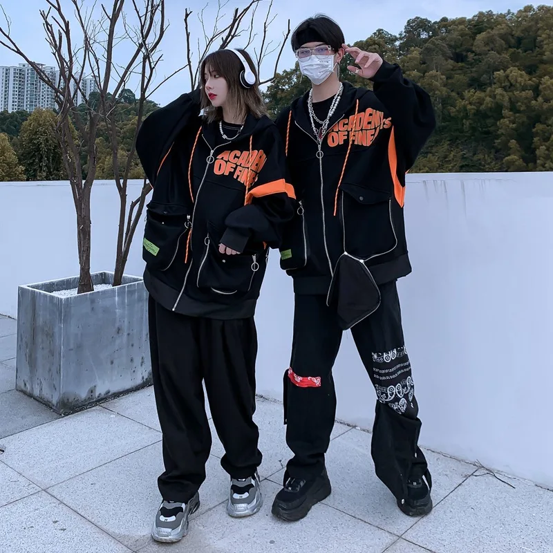 

Autumn Winter Plus Velvet Warm Ziper Jacket Men Women Loose Oversize Hooded Sweatshirts Hip Hop Cartoon Print Hoodie Couple Tops