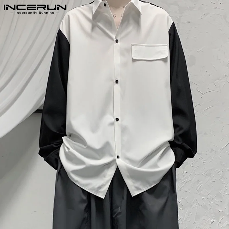 

Модная Лоскутная Мужская рубашка, брендовые рубашки с отложным воротником и длинным рукавом, уличная одежда на пуговицах, повседневные руб...