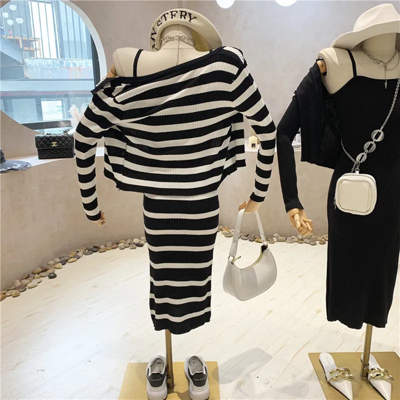 

New Women's Clothing Summer 2021 Retro stripe knitting Cardigan Coat mid length Sling dress Two piece set