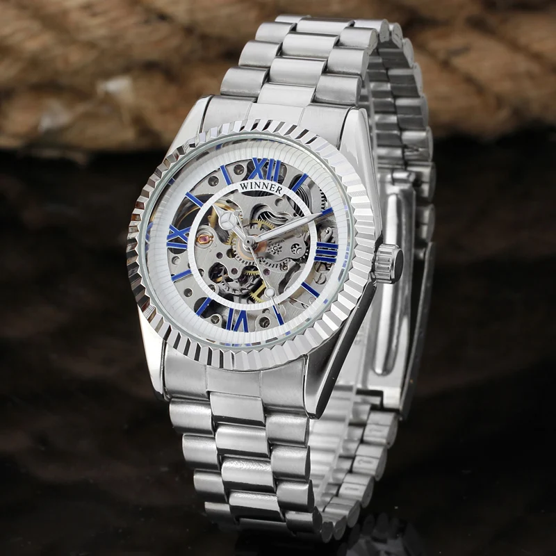 

WINNER Watch Men Red Diamond Watches Luxury Stainless Steel Band Automatic Mechanical Wristwatches Men Skeleton Watches Reloj