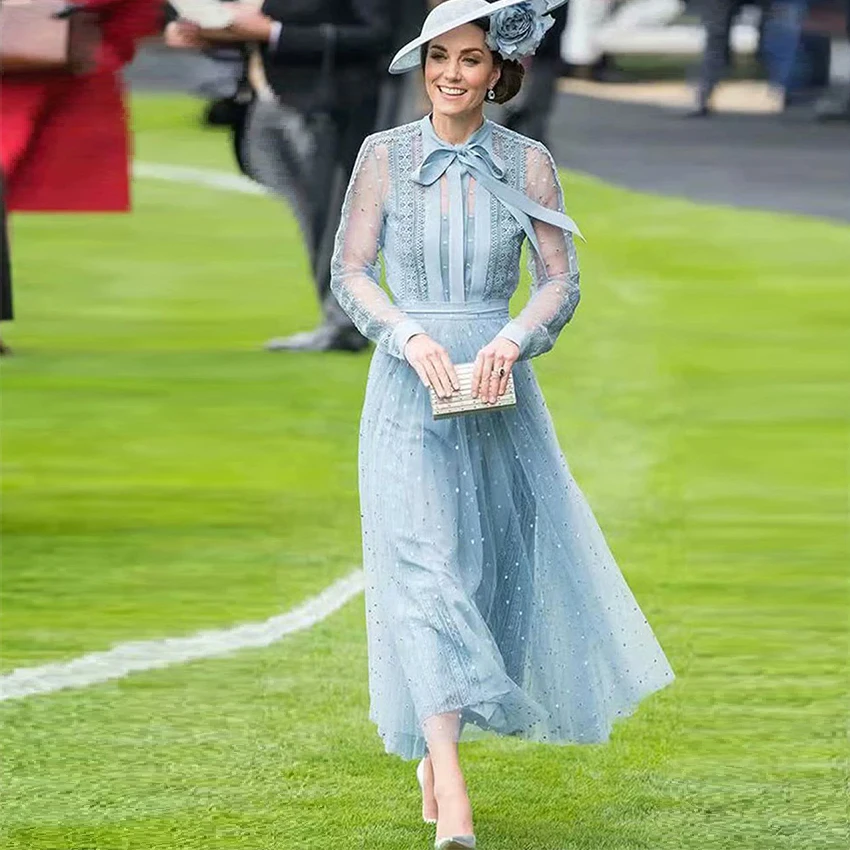 Женское винтажное Элегантное Длинное Платье Kate Middleton в синюю горошек с кружевной