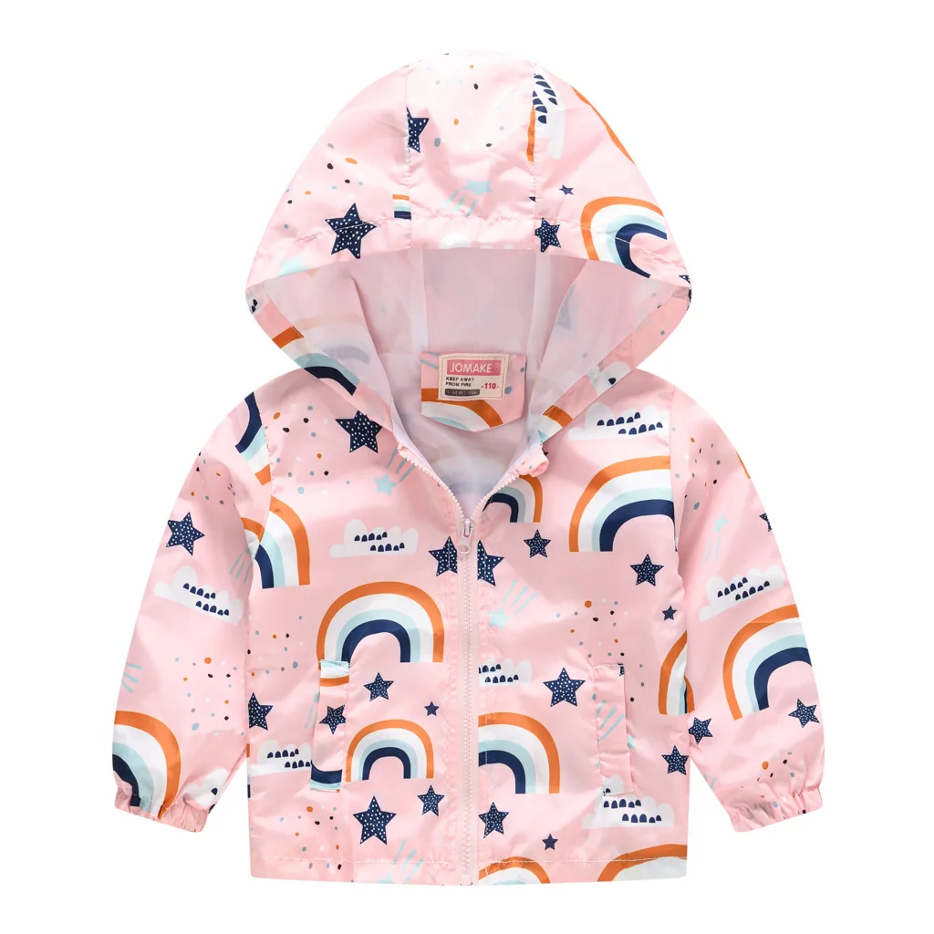 Kids Baby Boys Girls Clothes Windbreaker Cartoon Print Casual Sport Jacket Zipper Hooded With Pockets Infant Outdoor Wear