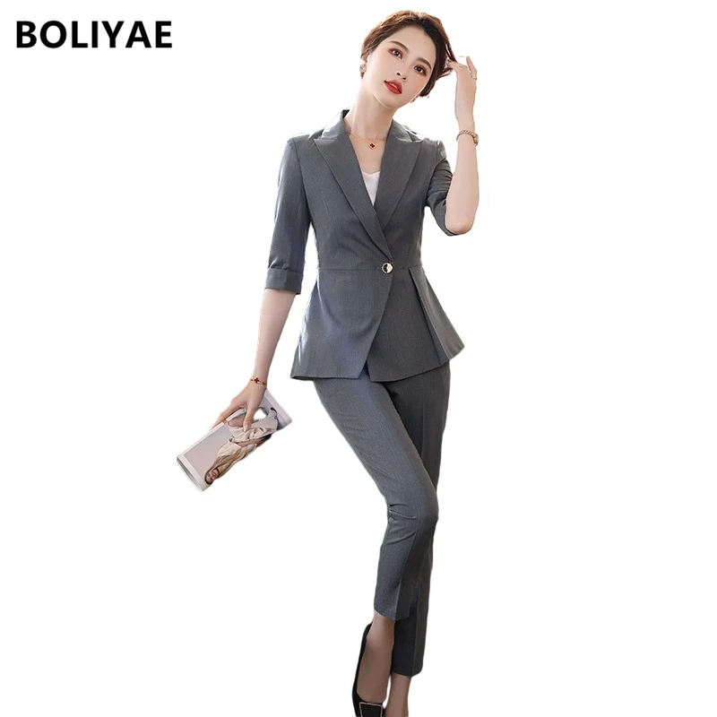 Boliyae Business Women Formal Pants Suits Summer Temperament Half Sleeve Blazer and Trousers Office Ladies Interviews Work Wear