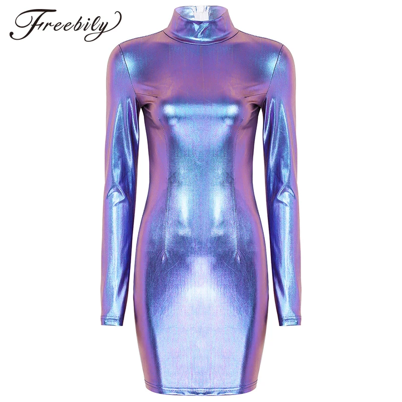 Women Shiny Metallic Holographic Long Sleeves Bodycon Sexy Mini Dress Nightclub Party Clubwear Festival Rave Pole Dance Costume |