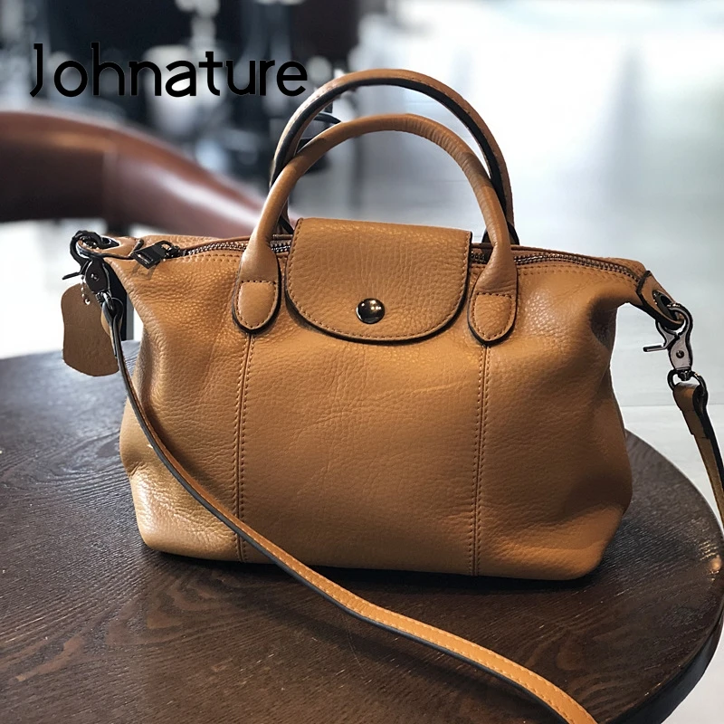 Johnature Fashion Luxury Handbags Women Bags 2022 New Genuine Leather Large Capacity Soft Cowhide Shoulder & Crossbody Bags