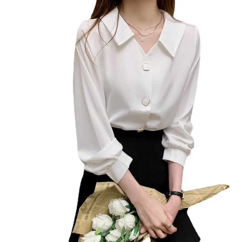 

Long Sleeve Shirt Women Autumn Clothing Fashion Slim Chiffon Blouse V Neck Korean Elegant Ladies Office Shirts White Blue M020
