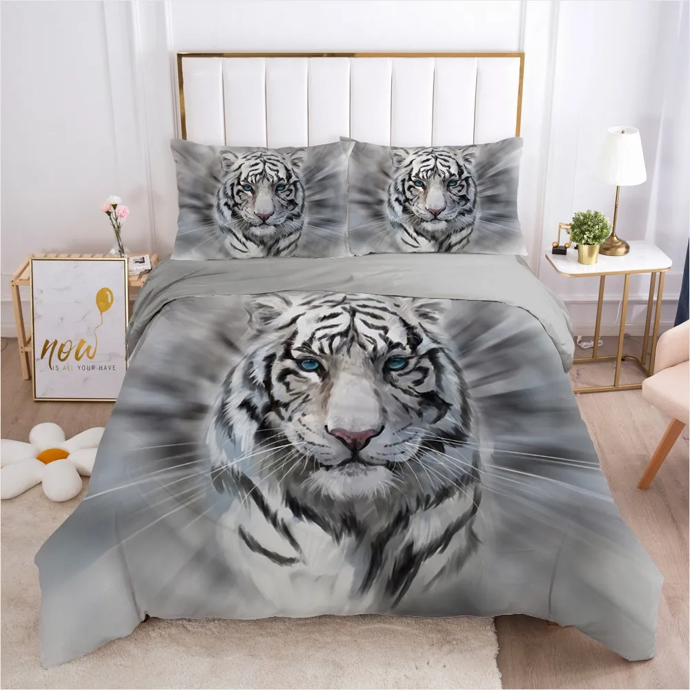 

3D Duvet Cover Sets Bedding Set Quilt Covers Comforter Case Gray Linens Bed King Queen Full Size Animal Tiger Design Bedclothes