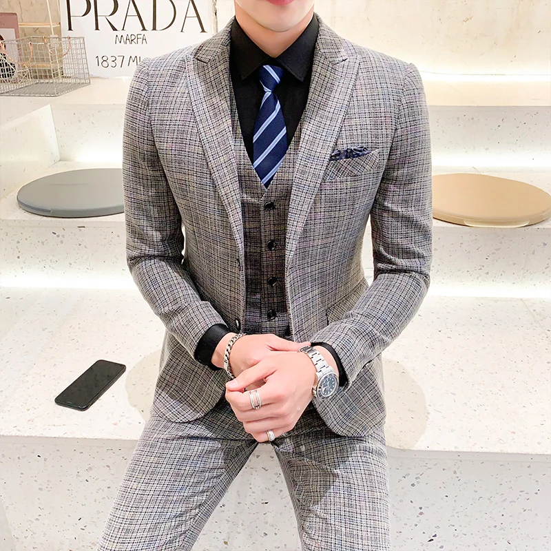 2020 Men's Business Plaid Official Suit Coat Pants Vest 3 PCS Set / Gentleman Groomsman Blazer Jackt Trousers Waistcoat S-5XL | Мужская