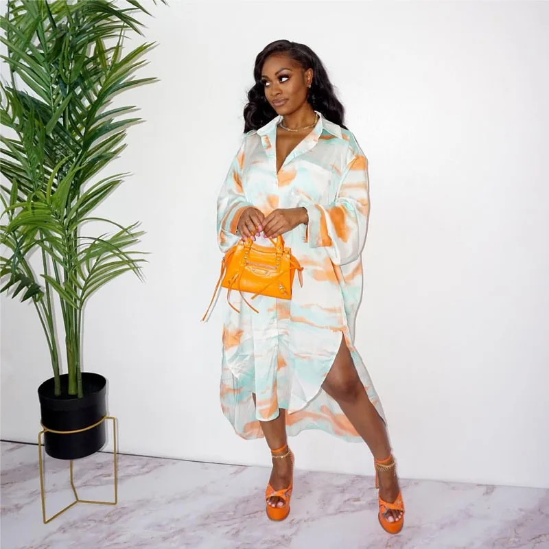 

Coffeehot Dresses Women Tie Dye Long Sleeve Button Up Turn-down Neck Loose Shirts Style High Low Maxi Long Dress