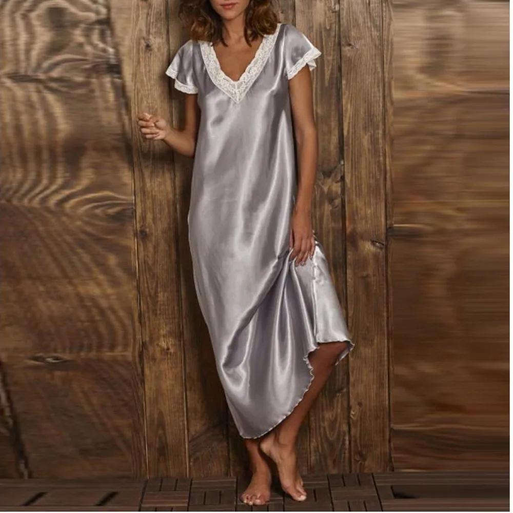 

Vêtements de nuit mi-longs en dentelle pour femmes, ensemble décontracté, sous-vêtements à col en v, couleur unie épissée, robes