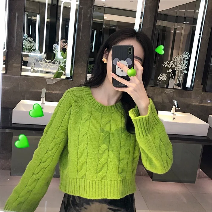 Green Autumn Winter New Women's Short Pullovers Sweater Twist Knitting Full Sleeve Solid Fashion Vintage Casual Tops T98506D - Цвет: Green