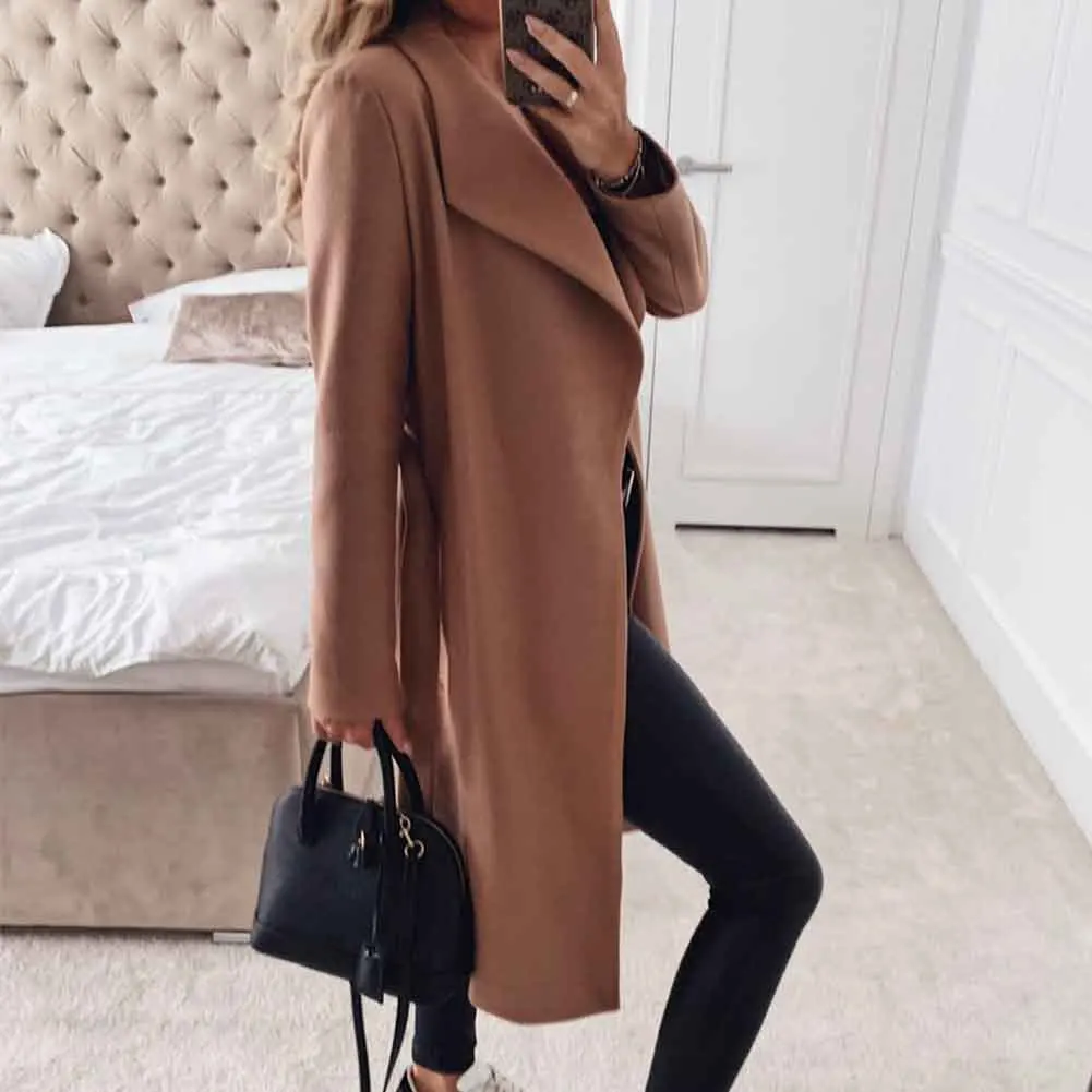 Осенне зимнее женское пальто с длинным рукавом повседневное офисное однотонное