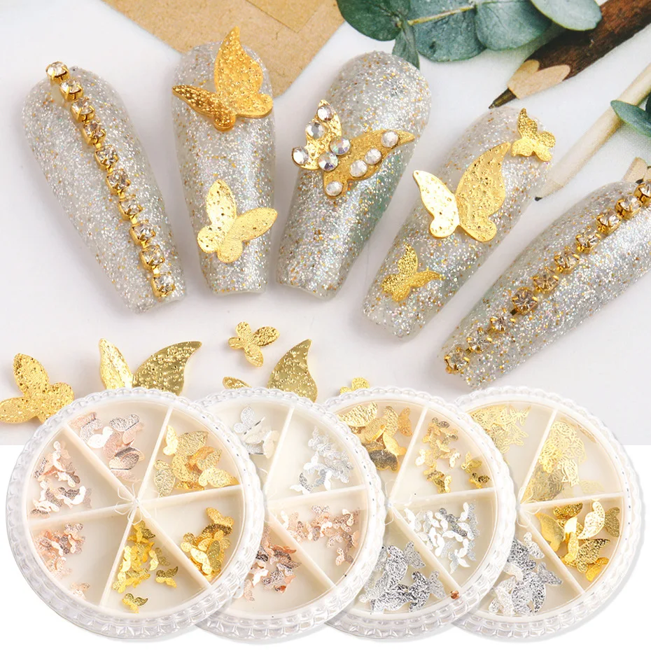 

6 Styles Nail Art Nail Accessories Metal Gold and Silver Frosted Decorative Butterfly Patch Nail Art Decorations Supplies