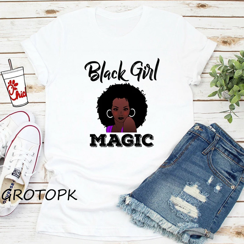Melanin Poppin T-shirt Black Girl Harajuku Ulzzang T-Shirt Female Magic Korean Style Top Tee Shirts Woman Clothes | Женская одежда