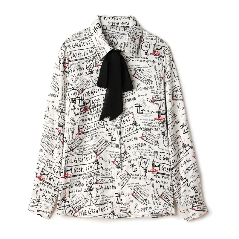 

95% Silk 5% Spandex Women's Shirt Turn Down Collar Bow Detailing Long Sleeves Graffiti Letters Printed Fashion Blouse Tops