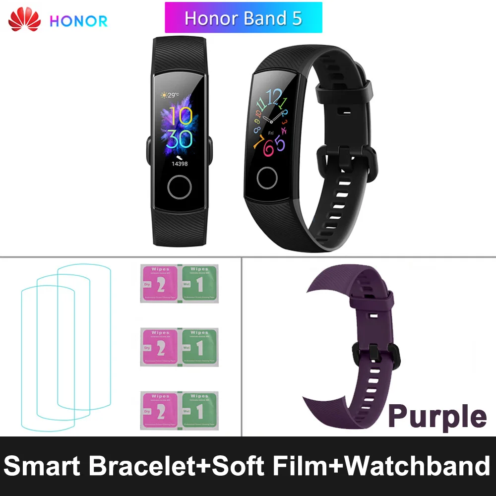 Black Purple Strap HONOR Band 5 фитнес умный Браслет мониторинг сердечного ритма 5 АТМ водонепроницаемый плавающий Bluetooth 4,2 смарт часы наручные часы - Цвет: Black Purple Strap