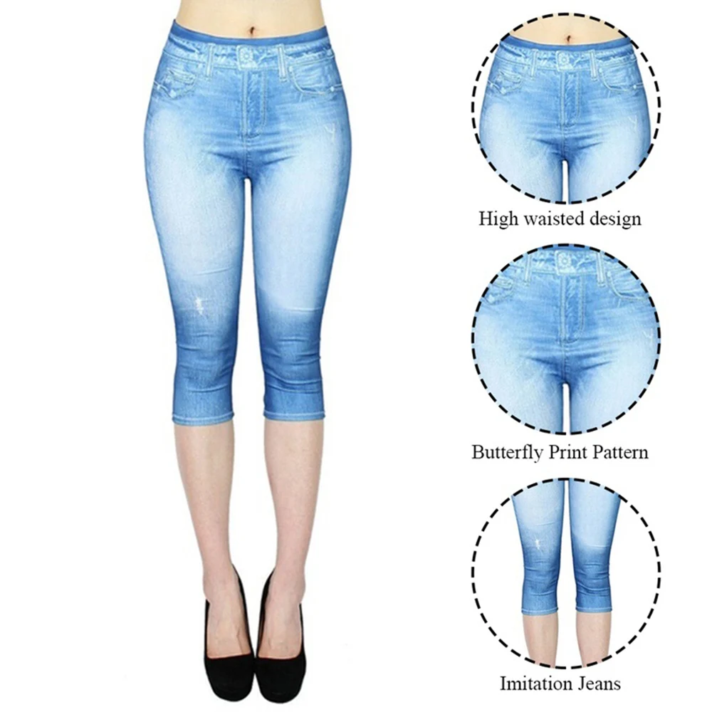 Женские джинсовые леггинсы капри джеггинсы с принтом в виде бабочек летние 3/4 |