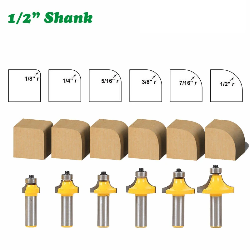 

6PC/Set 1/2" 12.7MM Shank Milling Cutter Wood Carving Woodwork Corner Round Over Beading Edging Router C3 Carbide Tipped Tenon