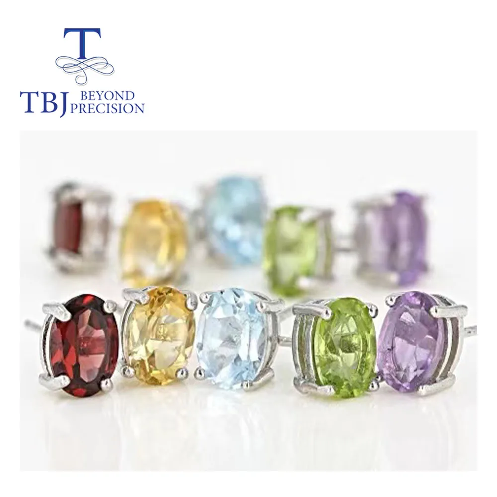 

Tbj ,Simple gemstone earring oval 5*7mm 1.4ct natural citrine topaz peridot amethyst garnet 925 sterling silver fine jewelry