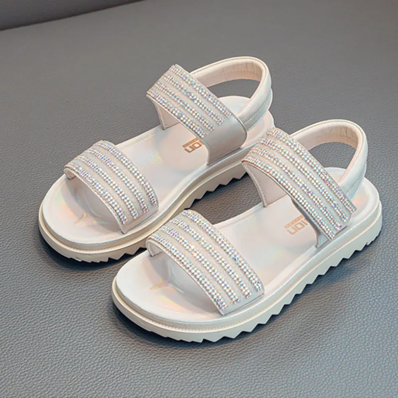 

Летняя обувь принцессы со стразами для девочек-подростков, сандалии на платформе для детей, белая и розовая фотообувь
