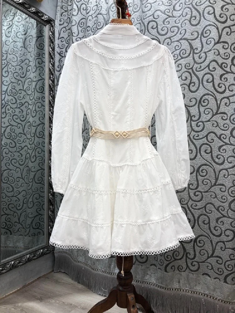 Женское платье с длинным рукавом белое платье-стринги вышивкой и поясом осень 2020