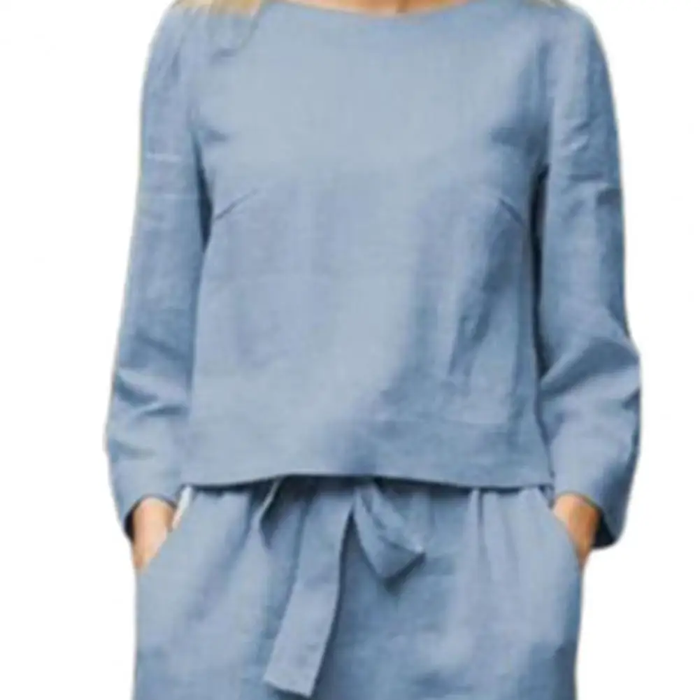 

1 Set Vintage Women Outfit Solid Color Lace-up Spring Autumn Long Sleeve Round Neck T-shirt Pockets Pants Streetwear Daily Wear