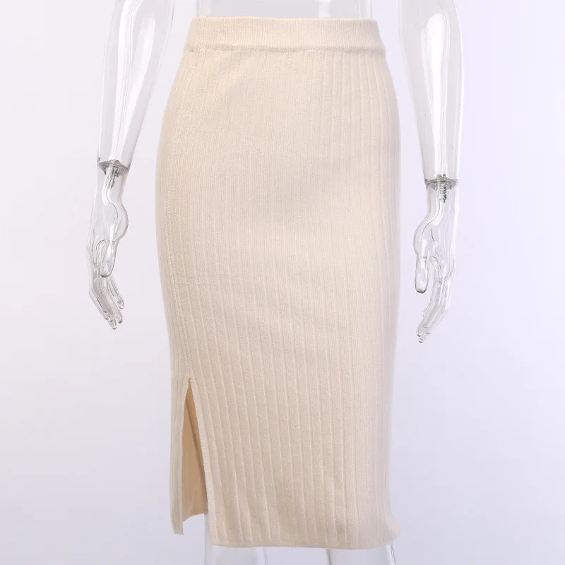 Сексуальная однотонная трикотажная облегающая юбка с разрезом сбоку