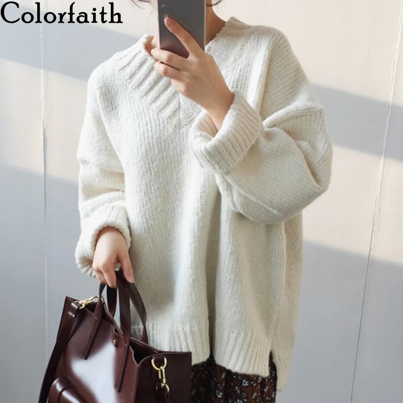 

Colorfaith New 2020 Women's Autumn Winter Knitwear V-Neck Warm Pullover Solid Oversize Split Minimalist Elegant Jumpers SW18159