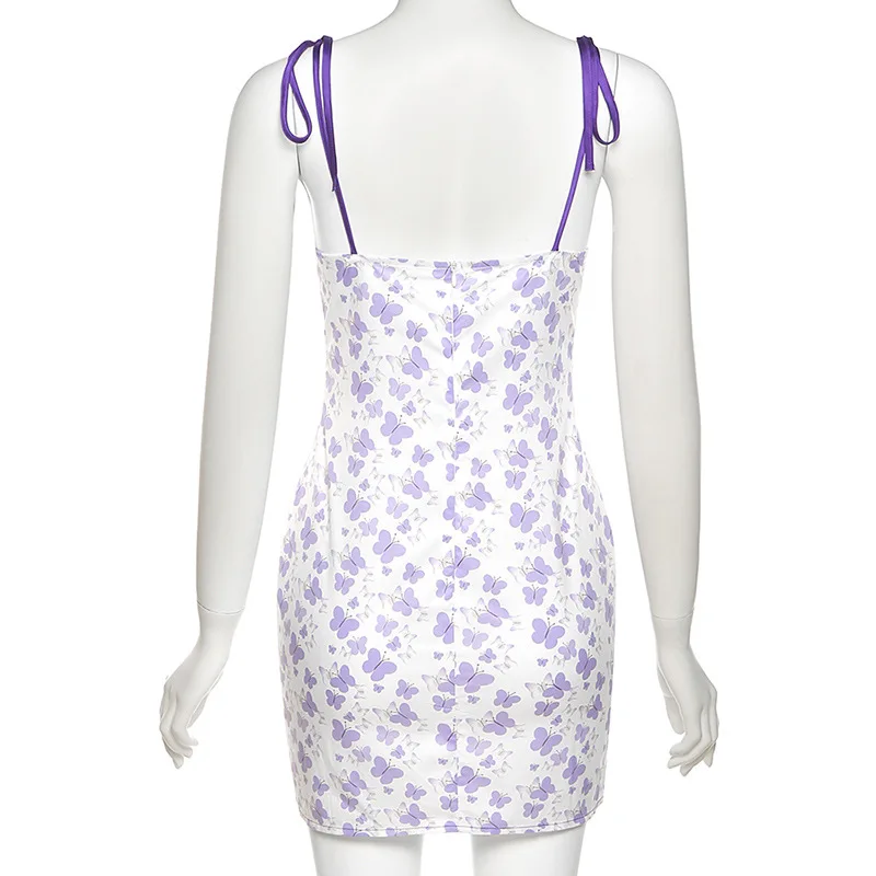 

Womens Sexy Lace-up Suspender Short Pencil Dress Fashion Butterfly Printing V-neck Split Pullover Tight Dress