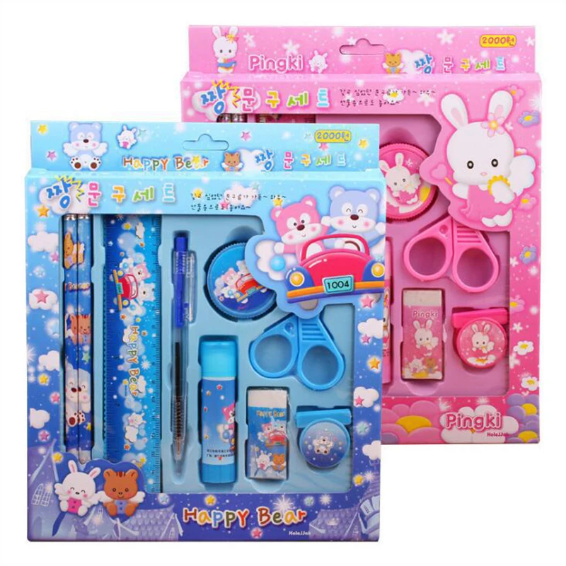 Ruler Eraser Sharpener Ballpoint Pen Scissors Stationery Set Tools Gift