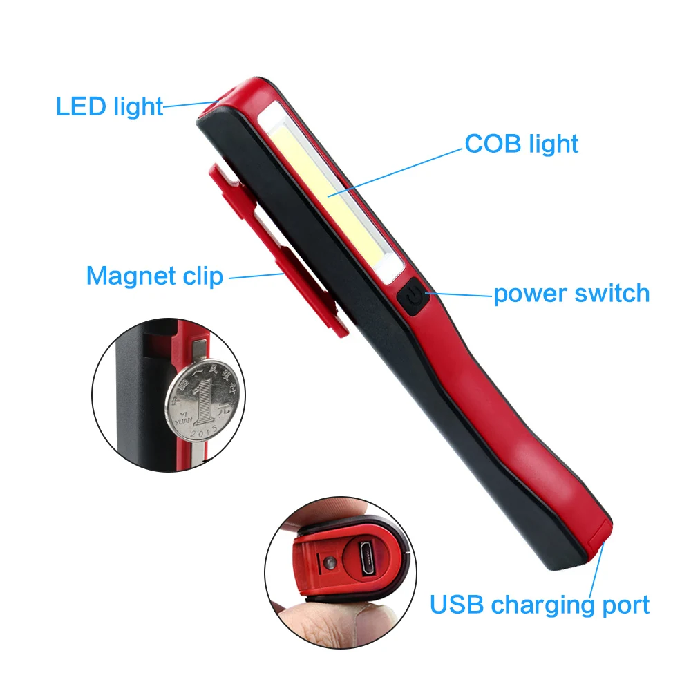 USB перезаряжаемый портативный COB светодиодный светильник-вспышка перезаряжаемый Магнитный ручной фонарь с зажимом для ручки Рабочий светильник встроенный аккумулятор с магнитом